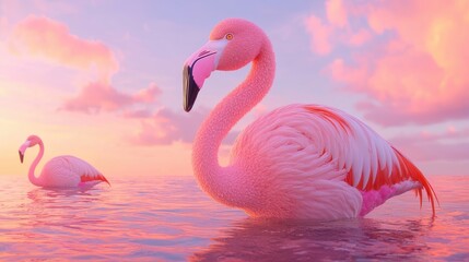 Fototapeta premium Two pink flamingos in a serene sunset