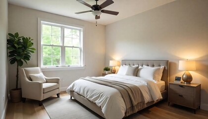 Tranquil Modern Bedroom Interior Design with King Size Bed Neutral Decor and Large Window