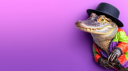 Playful Alligator Wearing Colorful Costume and Hat Against a Vibrant Purple Background