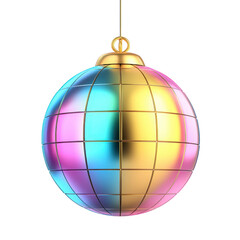 Obraz premium shiny, multicolored disco ball ornament with golden top and grid pattern hangs against transparency background, reflecting vibrant hues
