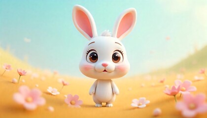 Fototapeta premium Adorable 3D Rendered Baby Bunny in a Flower Field Cute Easter Rabbit Illustration