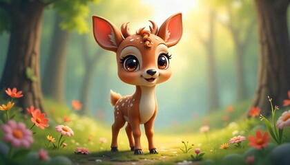 Adorable Cartoon Fawn in Spring Forest Cute Baby Deer Illustration 3D Render