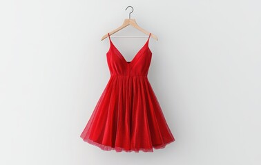Crimson Elegance: A vibrant red dress, hanging gracefully on a wooden hanger, showcases timeless charm and delicate design, appealing to fashion enthusiasts.