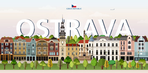 Ostrava cityscape colorful vector illustration with big city name on the background. Travel trendy poster