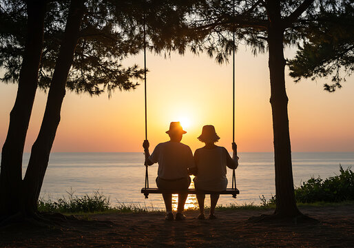 Una hermosa pareja de ancianos en un columpio de madera para dos, donde se puede ver el mar al atardecer.