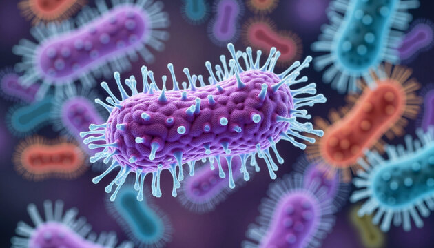 Microbial bacteria in vibrant colors against dark background  