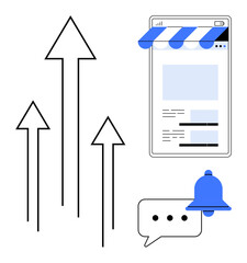 Upward arrows next to a digital storefront, notification bell, and chat bubble symbolize growth, engagement, and connectivity. Ideal for business, marketing, communication, productivity strategy