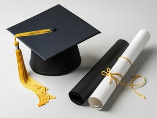 A Graduation cap diploma scroll black white tassel education achievement ceremony academic