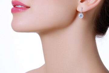 A joyful woman showcases elegant diamond earrings, highlighting her beauty and style. close up emphasizes sparkling jewelry against her smooth skin