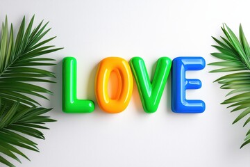 A Colorful love typography with vibrant letters surrounded by green palm leaves, creating cheerful and inviting atmosphere that expresses affection and joy