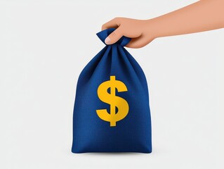 A hand holding blue money bag with yellow dollar sign symbolizes financial success and wealth. This illustration conveys importance of financial literacy and money management