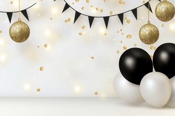 An Elegant black and white balloons with golden decorations create festive atmosphere, perfect for celebrations and parties. shimmering backdrop adds touch of glamour and joy