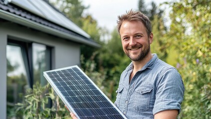 Portrait of a happy man holding a solar panel in front of a house with photovoltaic panels on the roof,