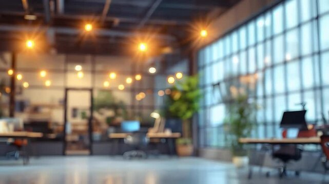 Wooden table surface featuring soft focused modern office environment with minimalist design and empty workspace backdrop