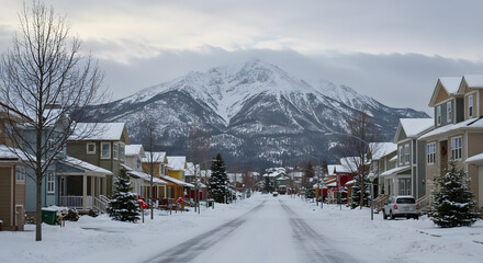 Fototapeta premium Driving through snowy residential area with mountain backdrop