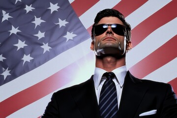 A Confident man in sunglasses stands tall against backdrop of American flag, exuding sense of pride and patriotism. His formal attire and strong posture reflect powerful presence