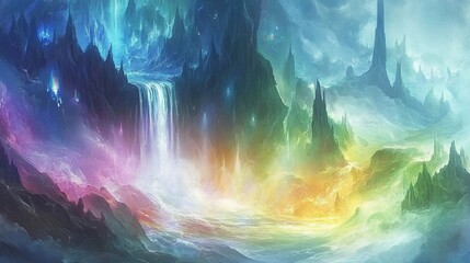Fototapeta premium Vibrant, fantasy landscape with rainbow hues, a waterfall, and mystical mountains