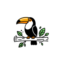 Toucan illustration perched on branch with leaves