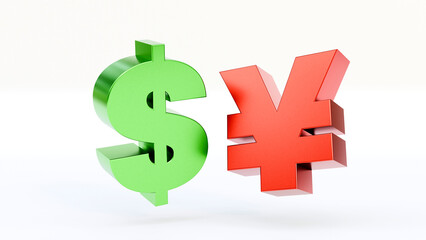 Obraz premium US dollar and chinese yuan currency sign on white background. Green colored dollar and red colored yuan symbol on isolated background. Yuan and dollar symbol 3d illustration.