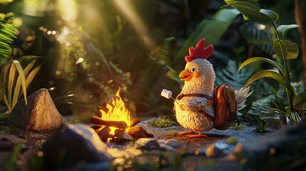 3D Whimsical Chicken Camping in Summer Scene with Campfire and Nature