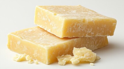 Two blocks of cheese, light yellow color, with crumbled pieces