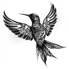 Obraz premium Ornate hummingbird in flight, white background, tattoo design