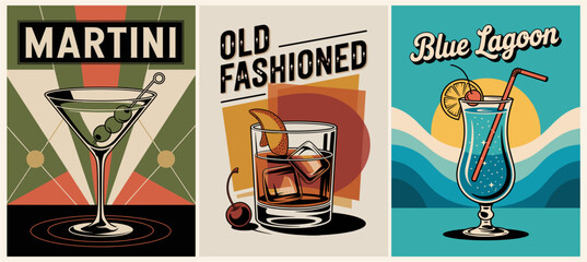 Cocktails retro poster set. Martini, Old Fashioned, Blue Lagoon. Collection of popular alcohol drinks. Vintage style vector illustrations, bar, pub, restaurant, kitchen wall art print
