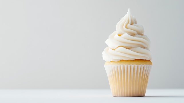 A single vanilla cupcake with swirled white frosting on a white surface, minimalistic composition with soft grey background, and close-up shot.