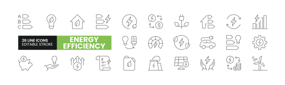 Set of 26 Energy Efficiency line icons set. Energy Efficiency outline icons with editable stroke collection. Includes Electricity Cost, Wind Energy, Energy Saving, Bill, Electric Car, and More.	