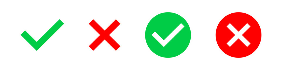 Set of yes or no icons. Green and red check mark and cross icons on transparent background. Vector illustrationb