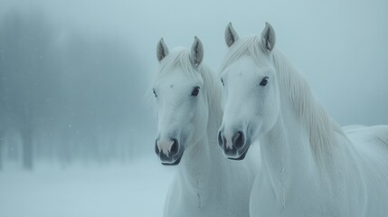 Fototapeta premium Two majestic white horses in a snowy landscape (1)