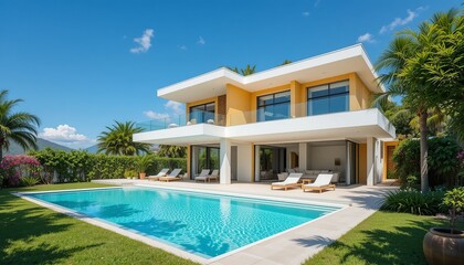 Fototapeta premium A luxurious modern home with a beautiful pool, set against a bright blue sky, surrounded by green trees and lush foliage on a sunny day.