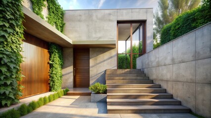 Modern home exterior showcasing concrete and wood design elements with lush green landscaping
