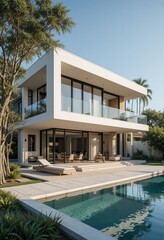 Fototapeta premium Modern home with pool. Luxury living at its finest, with a serene outdoor space perfect for relaxation and entertainment.