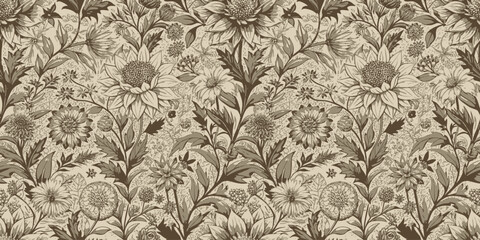A vintage floral pattern featuring sunflowers and intricate botanical designs.