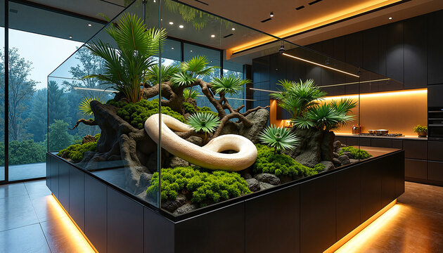 A glowing albino python winding through dark branches and moss in a modern kitchen island aquarium, dramatic jungle gothic luxury concept.