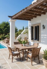 Fototapeta premium Charming patio dining set by the pool, a sun-drenched oasis for al fresco meals and relaxation, creating a perfect outdoor retreat.