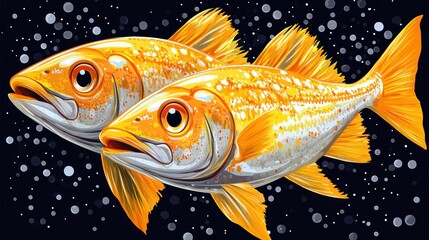 Fototapeta premium Two vibrant gold fish in a dark background