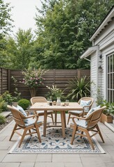 Fototapeta premium Outdoor dining set on a patio, surrounded by lush greenery, creating a tranquil and inviting space for relaxation and entertaining.