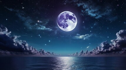 Fototapeta premium Full moon shining over the dark sea under a starry night sky