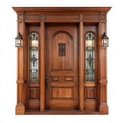 Ornate wooden entrance with sidelights and exterior light fixtures isolated on white background