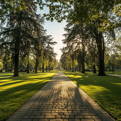 Obraz premium Serene pathway through a sunlit park in autumn