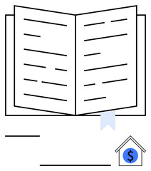 Open book with lines as text, blue bookmark, and house icon with dollar sign. Ideal for education, finance, mortgage, real estate, study savings investments. Abstract line flat metaphor