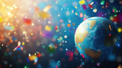 Celebrating Earth Globe with Confetti Falling Background for Festive Occasions