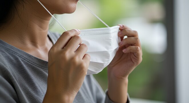 Woman Removing White Face Mask Showing Facial Expression and Relaxed Posture Indoors