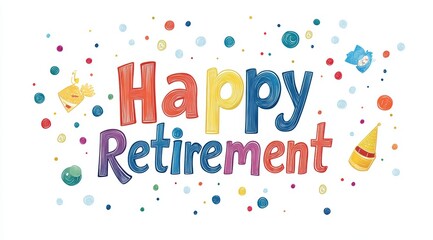 Joyful Farewell: A vibrant and heartwarming message of "Happy Retirement," adorned with colorful confetti and celebratory elements. Perfect for expressing best wishes and marking a new chapter.