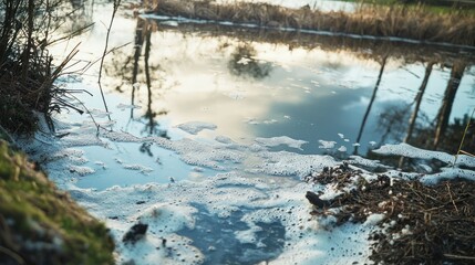 A polluted lake with foam and chemical waste floating on the surface.
