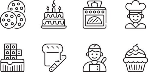 Minimalist baking icons, line art illustrations, cooking symbols, pastry chef, oven, birthday cake, cookies, bread loaf, butter knife, cupcake, baking tools, kitchen equipment, simple black and white