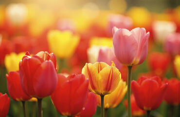Fototapeta premium Colorful spring tulip field glowing in morning sunlight