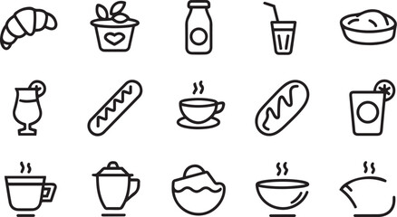 Minimalist food icons, black and white line drawings, cafe and bakery items, croissant, potted plant, milk bottle, drink cup, bowl, cocktail glass, hot dog, coffee cup, baguette, to-go cup, mug